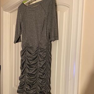 BCBGeneration Gray Metallic short sleeve dress with front and rear ruching.